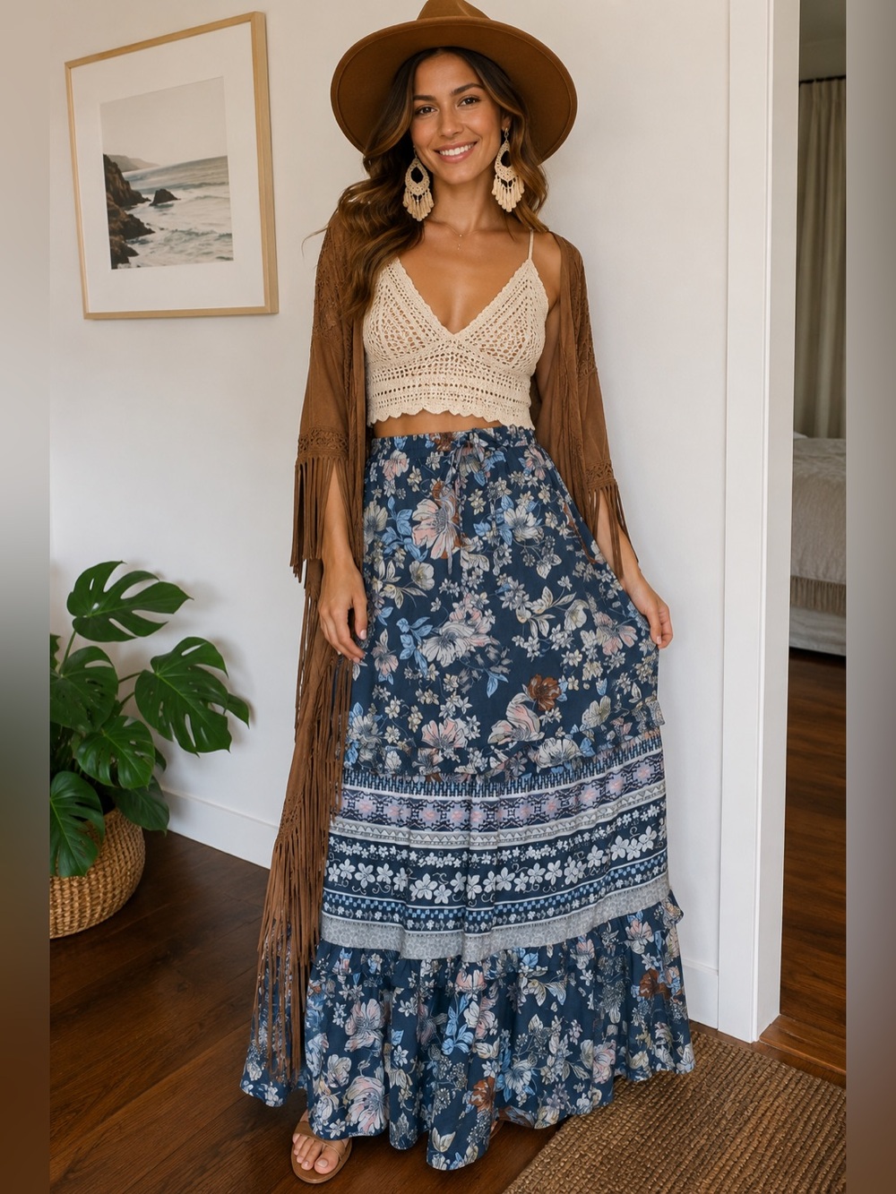 Sienna Sky Navy Floral Tiered Boho/Cottagecore Maxi Skirt